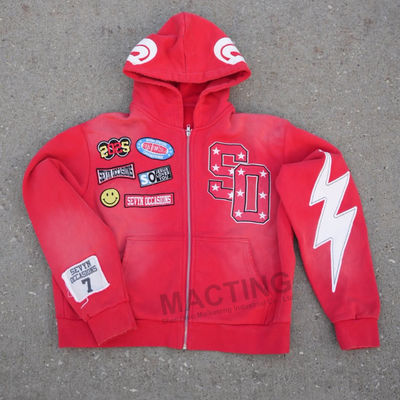 Fabricant de sweats à capuche personnalisés pour hommes, streetwear vintage, délavage à l'acide, broderie déchirée, appliqué, patchwork, sweat à capuche délavé à l'acide