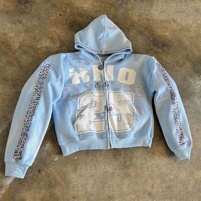 Sweat à capuche zippé oversize boxy en coton 100% épais 500 g/m² pour femmes, hommes, unisexe, sérigraphie, strass