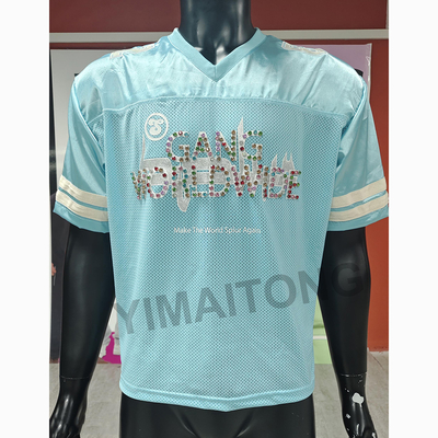 Vêtements de rue personnalisés Hommes Boxy coupé Rivet Rhinestone Satin Mesh T-shirt américain Retro Sport respirant Football Jersey