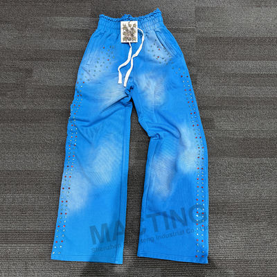 Pantalon de jogging épais streetwear saisonnier en éponge de coton délavé à l'acide avec rivets en strass et devant plat