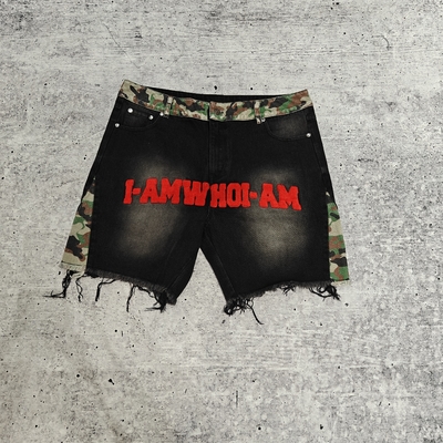 Patchs de broderie personnalisés pour serviettes Logo Camo Baggy Jorts Streetwear Shorts en jean vintage de haute qualité à bord brut pour hommes