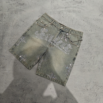 Vêtements de rue sur mesure en pierre lavée Bling Crystal Baggy surdimensionné en poids lourd Denim 100 en coton Denim Shorts pour hommes Vintage Jorts