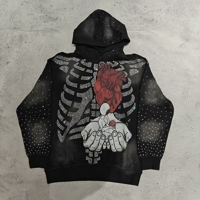 Sweats à capuche personnalisés de haute qualité Streetwear Squelette Crânes Graphique Pull Vintage Délavage Acide Soleil Fané Strass Sweat à capuche Homme