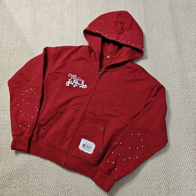 T-shirt rouge lavé sur mesure T-shirt brodé en coton français Terry pierre précieuse perles surdimensionné boîte fermeture à glissière pour hommes