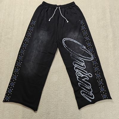 Des joggers sur mesure pantalon de sueur surdimensionné en coton français Terry jambe droite sac à sacs lavage à l'acide élargi pantalon de sueur en strass Hommes