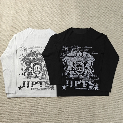 Custom Streetwear Dtg Print Graphic Vintage Raw Hem Crew Neck Waffle Knit Thermal Long Sleeve T Shirt for Men